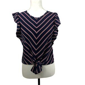 𝅺MONTEAU Striped Blue, Red & White Top with Flutter Sleeves size Small